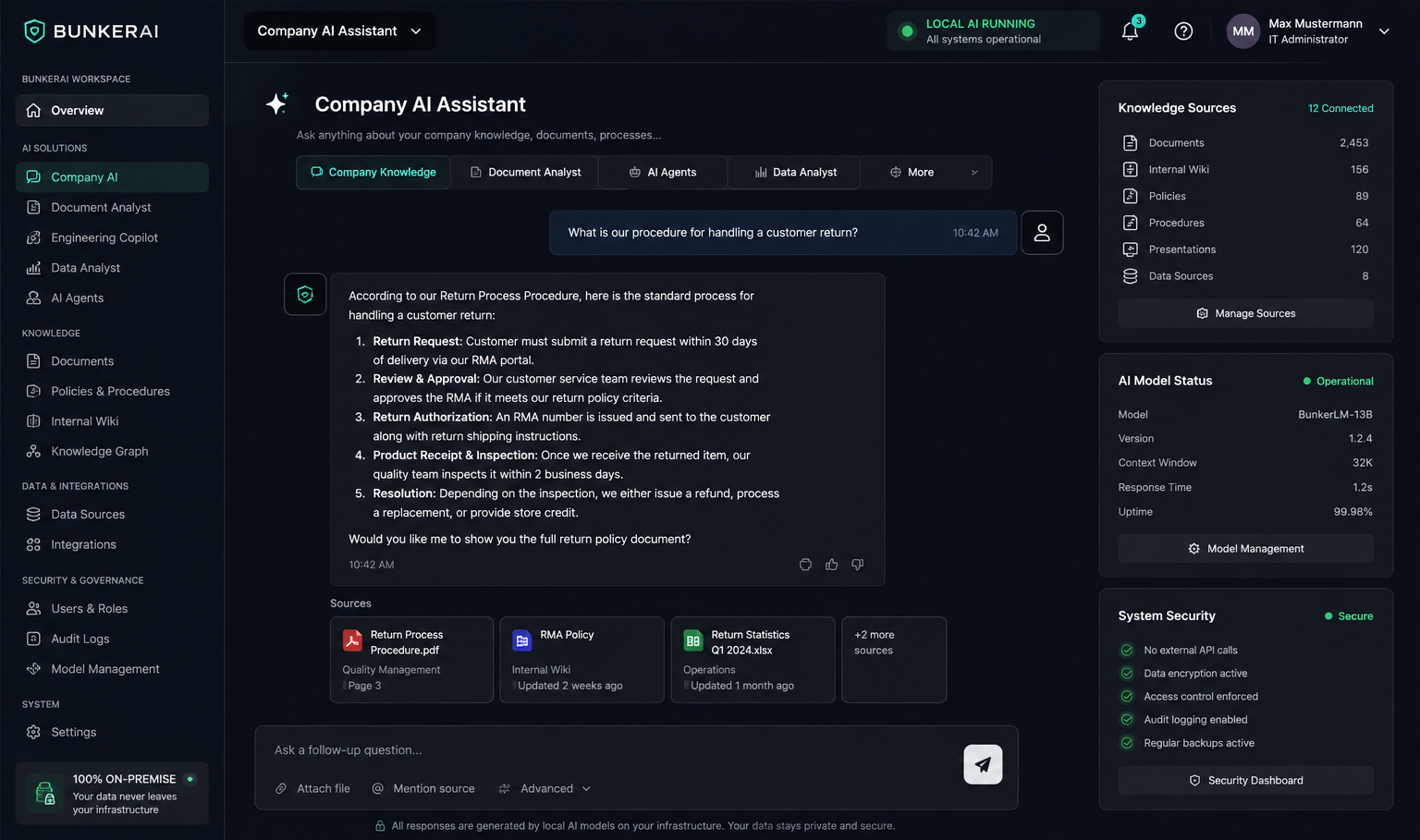 BunkerAI Workspace: an on-premise company AI assistant answering a question about a customer return procedure with cited internal documents, next to panels for connected knowledge sources, local model status and system security.